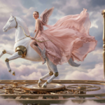 a woman depicted as Nike the female archetyple of Mercury riding a galloping horse backward