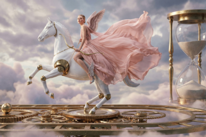 a woman depicted as Nike the female archetyple of Mercury riding a galloping horse backward