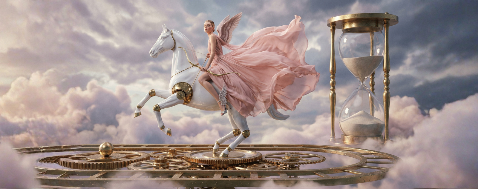 a woman depicted as Nike the female archetyple of Mercury riding a galloping horse backward